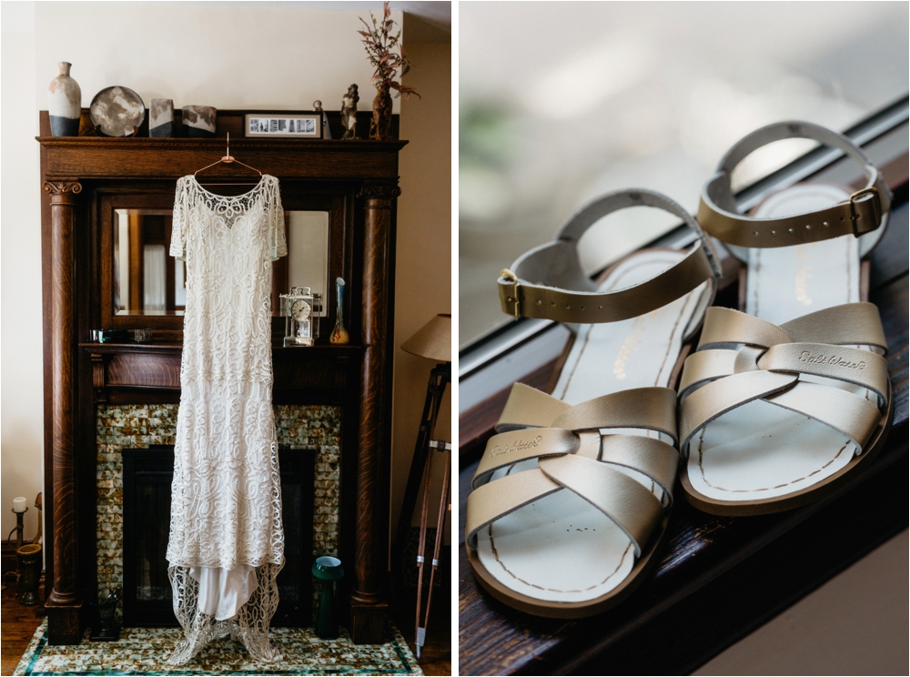 Rue De Seine bridal gown and gold salt water flats | Burchfield Penney Wedding in Buffalo, New York