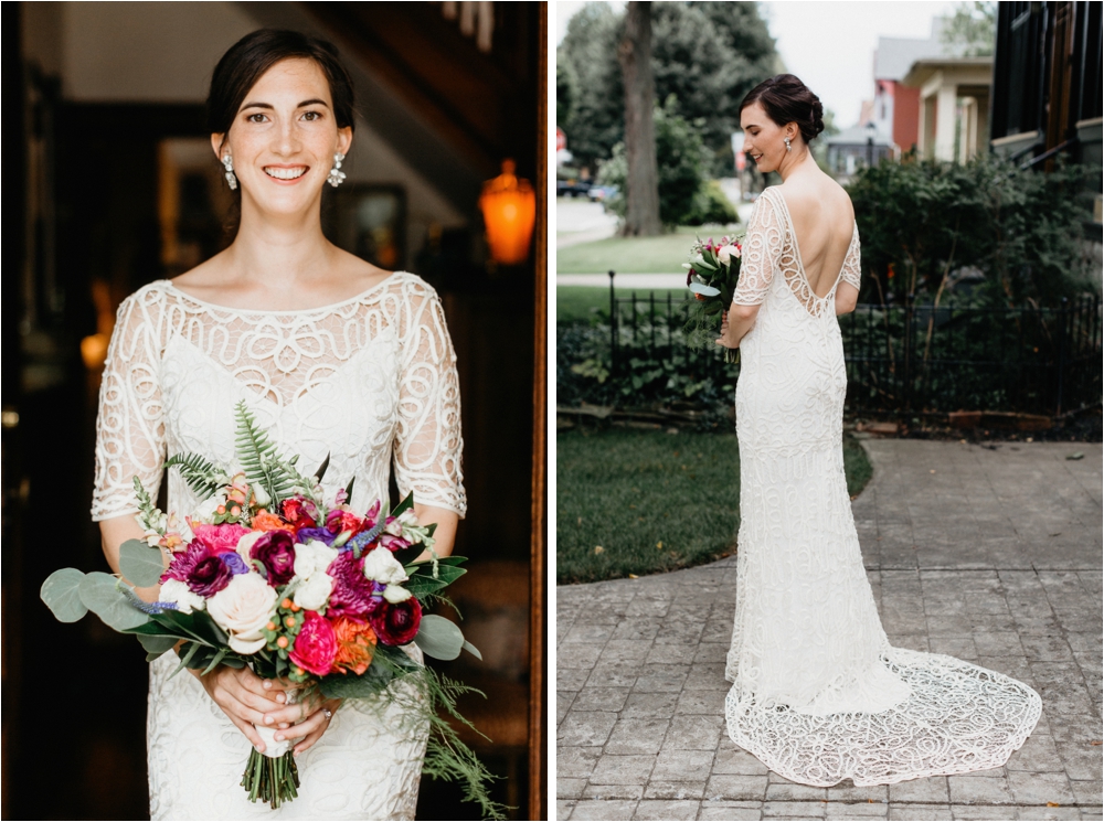 Rue De Seine bridal gown a bright colorful bouquet | Burchfield Penney Wedding in Buffalo, New York