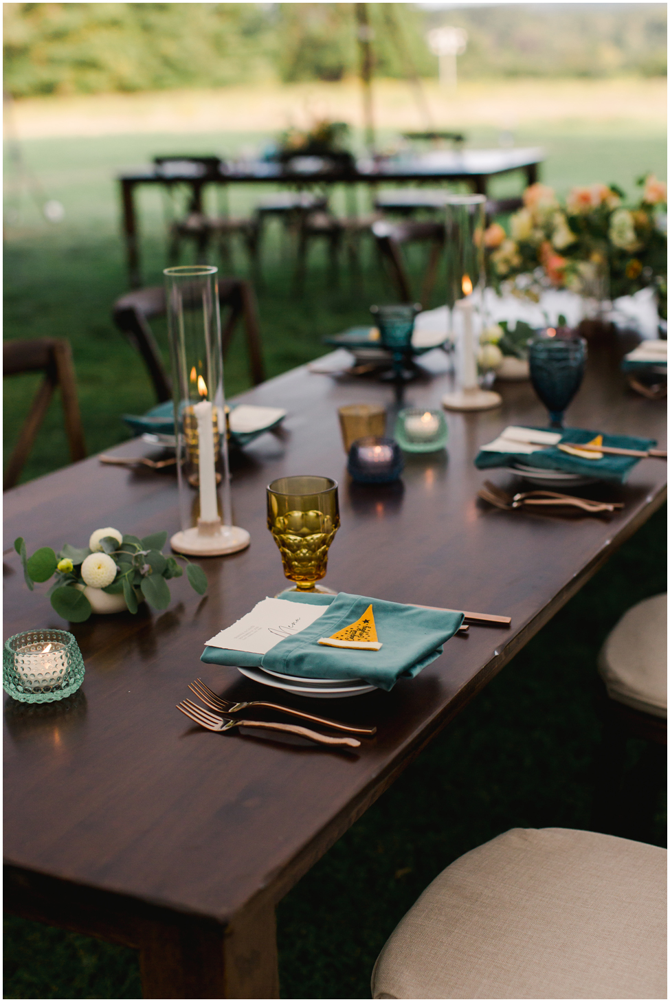 Teal, green and mustard fall wedding