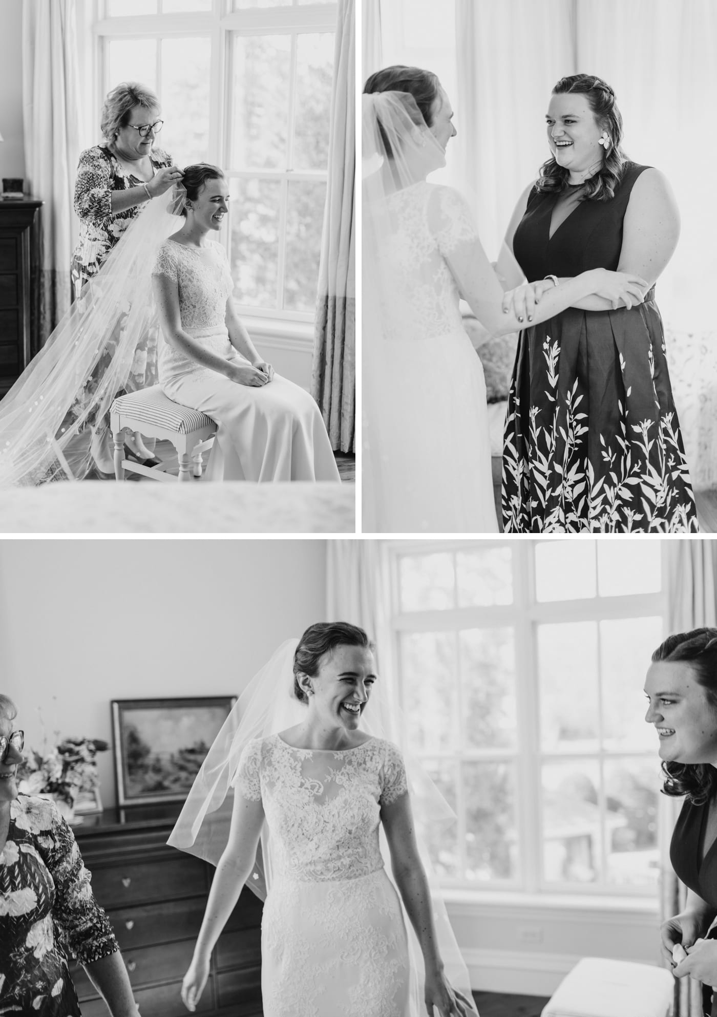 Mom putting a veil on the bride