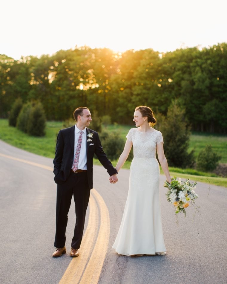 Sunset bride and groom portraits for a backyard wedding