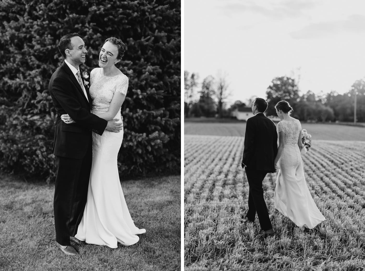 Black and white portrait of bride and groom