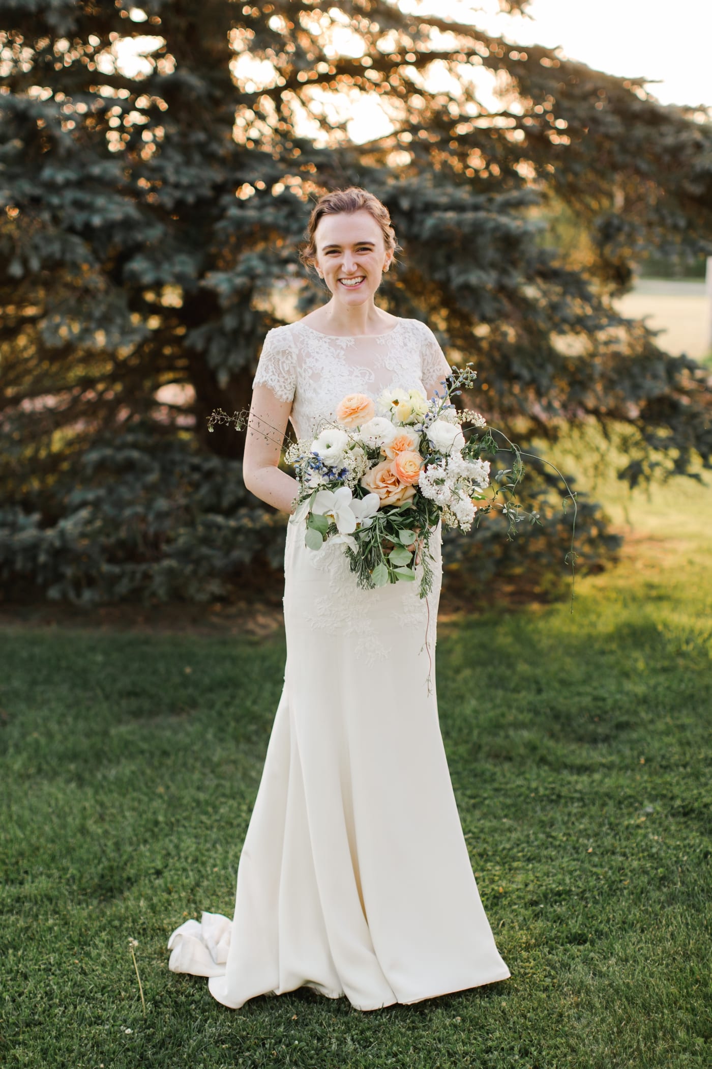 Sunset bride and groom portraits for a backyard wedding