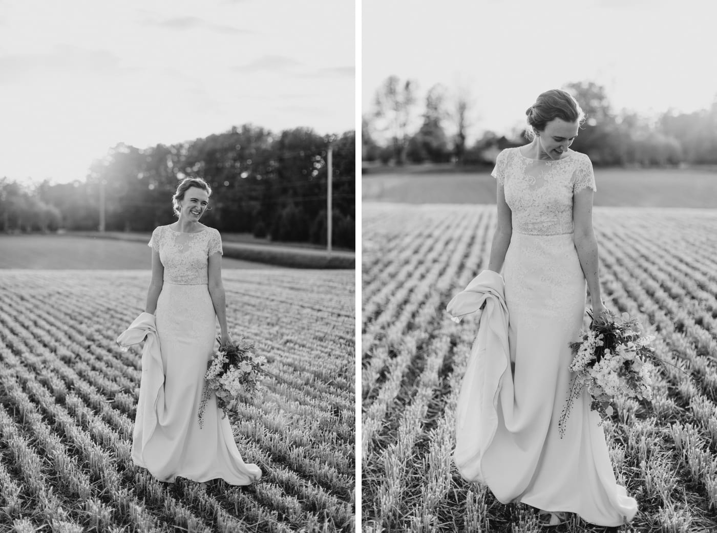 Bride in a lace and crepe gown by Lea-Ann Belter Bridal