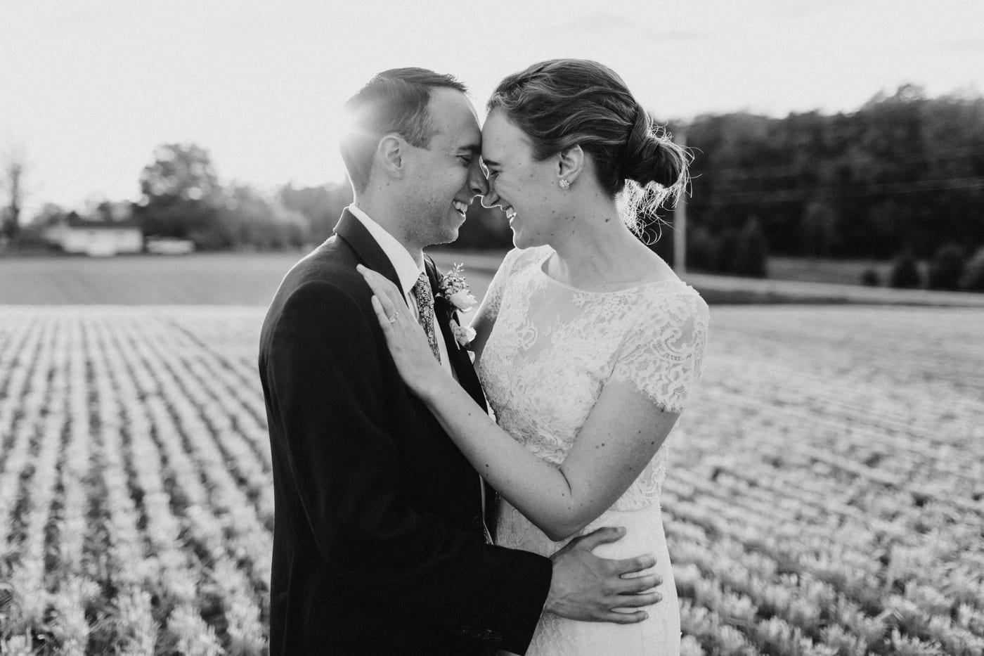 Sunset bride and groom portraits for a backyard wedding