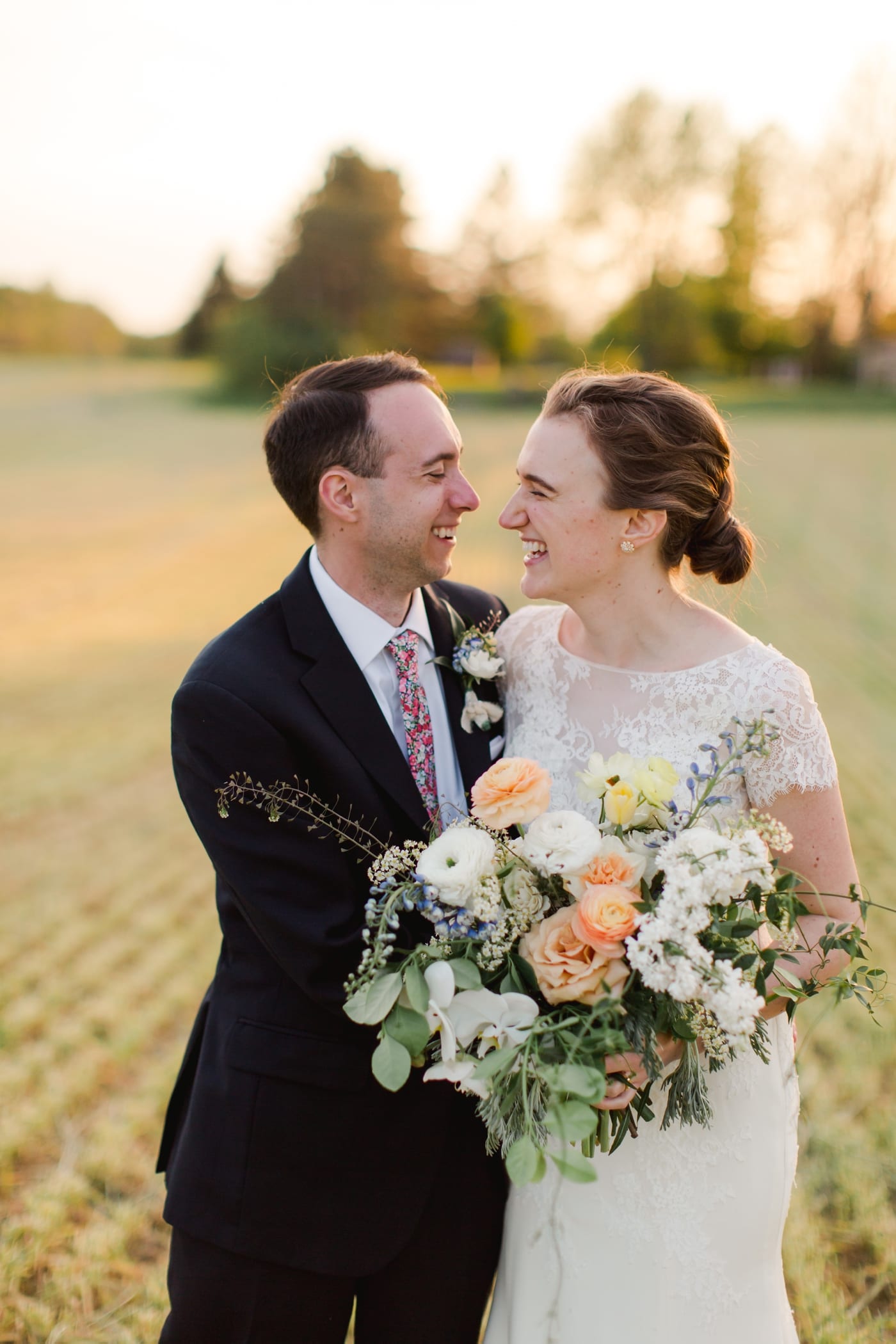 Sunset bride and groom portraits for a backyard wedding