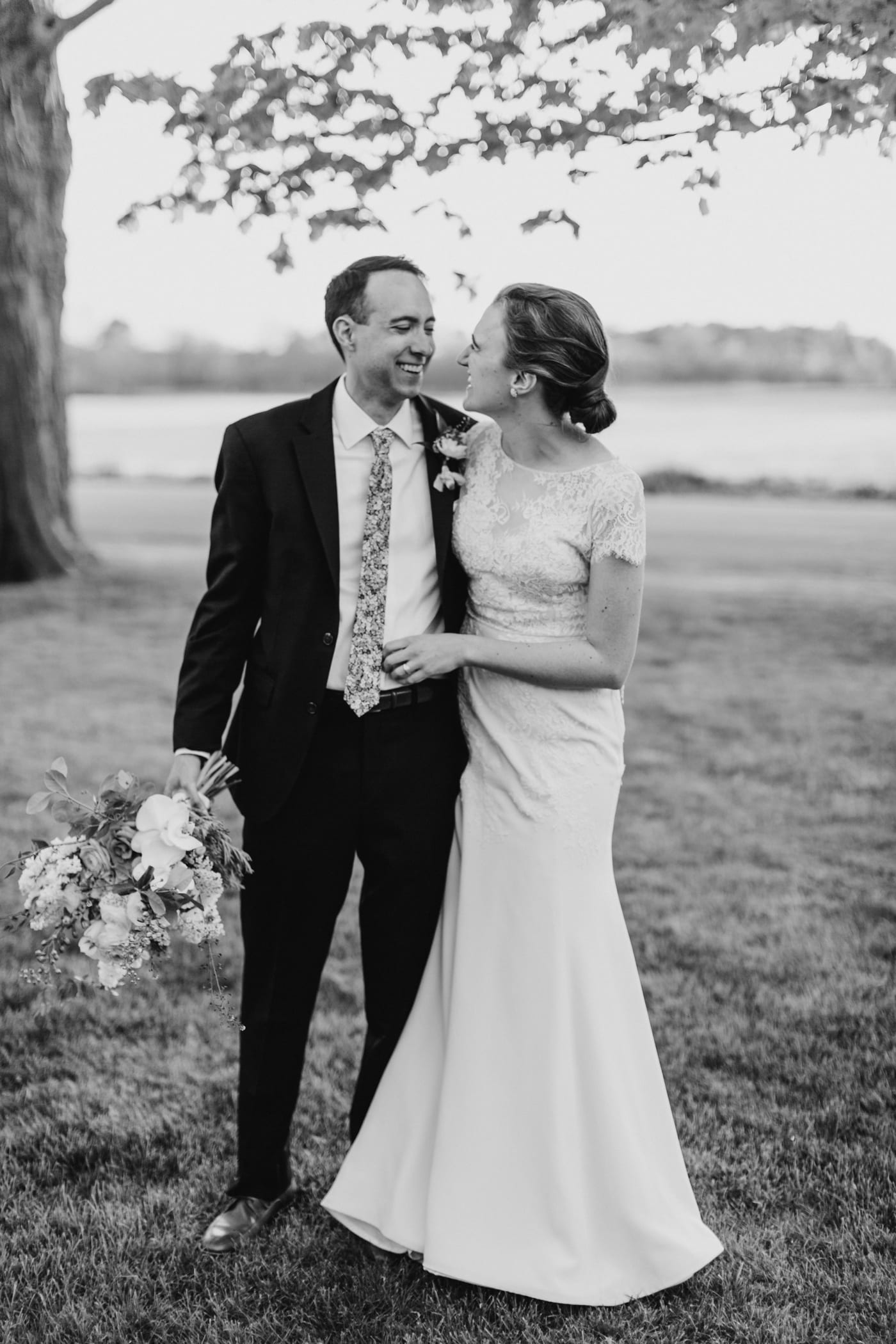 Black and white portrait of bride and groom