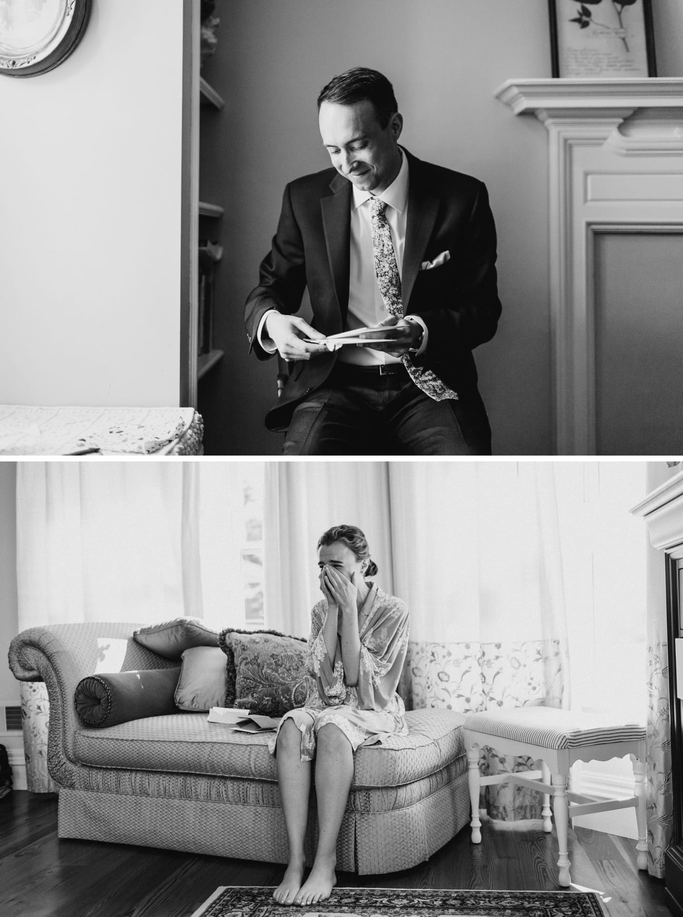 Couple reading letters to each other before their wedding