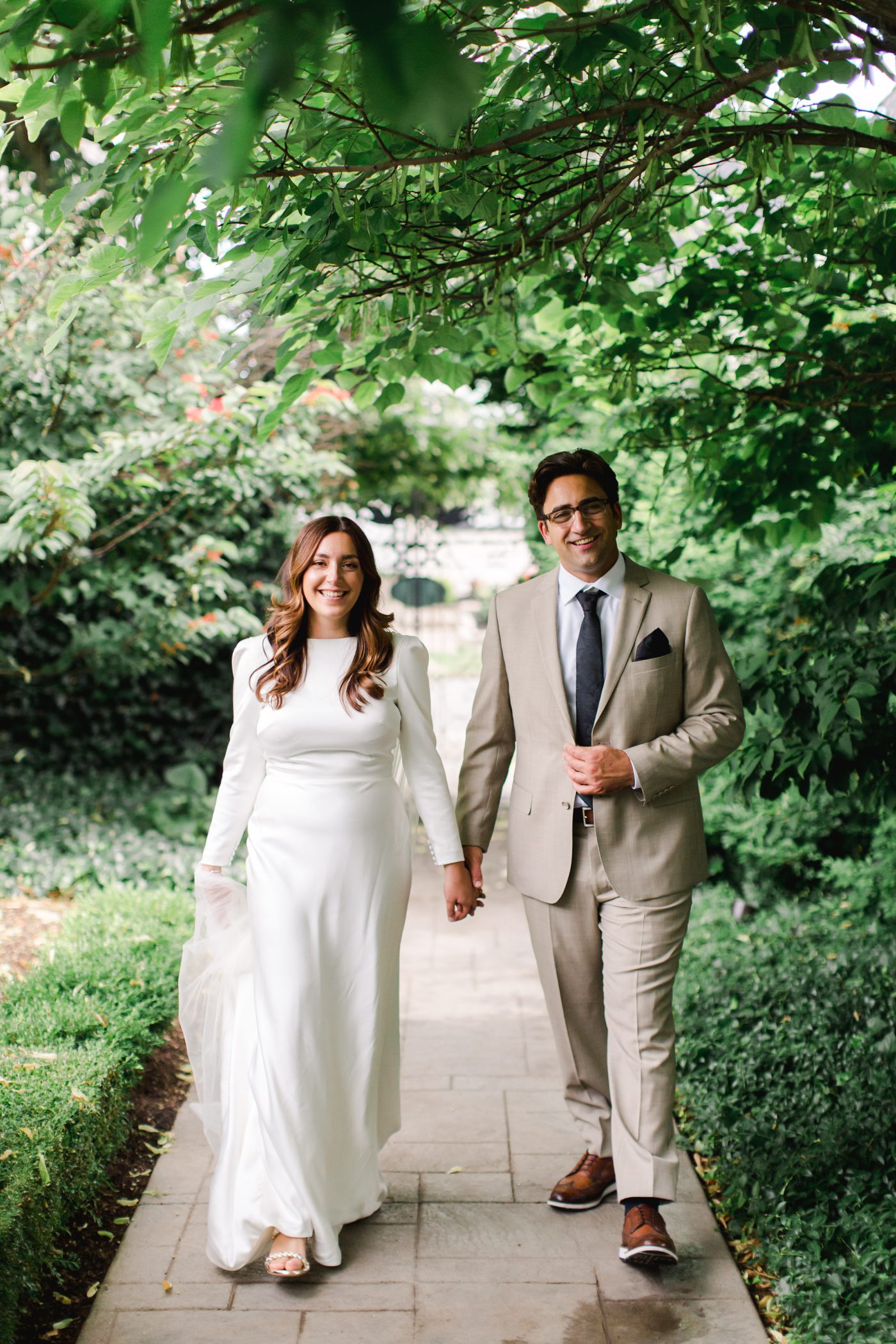 Bride and groom garden portraits at The Garret Club