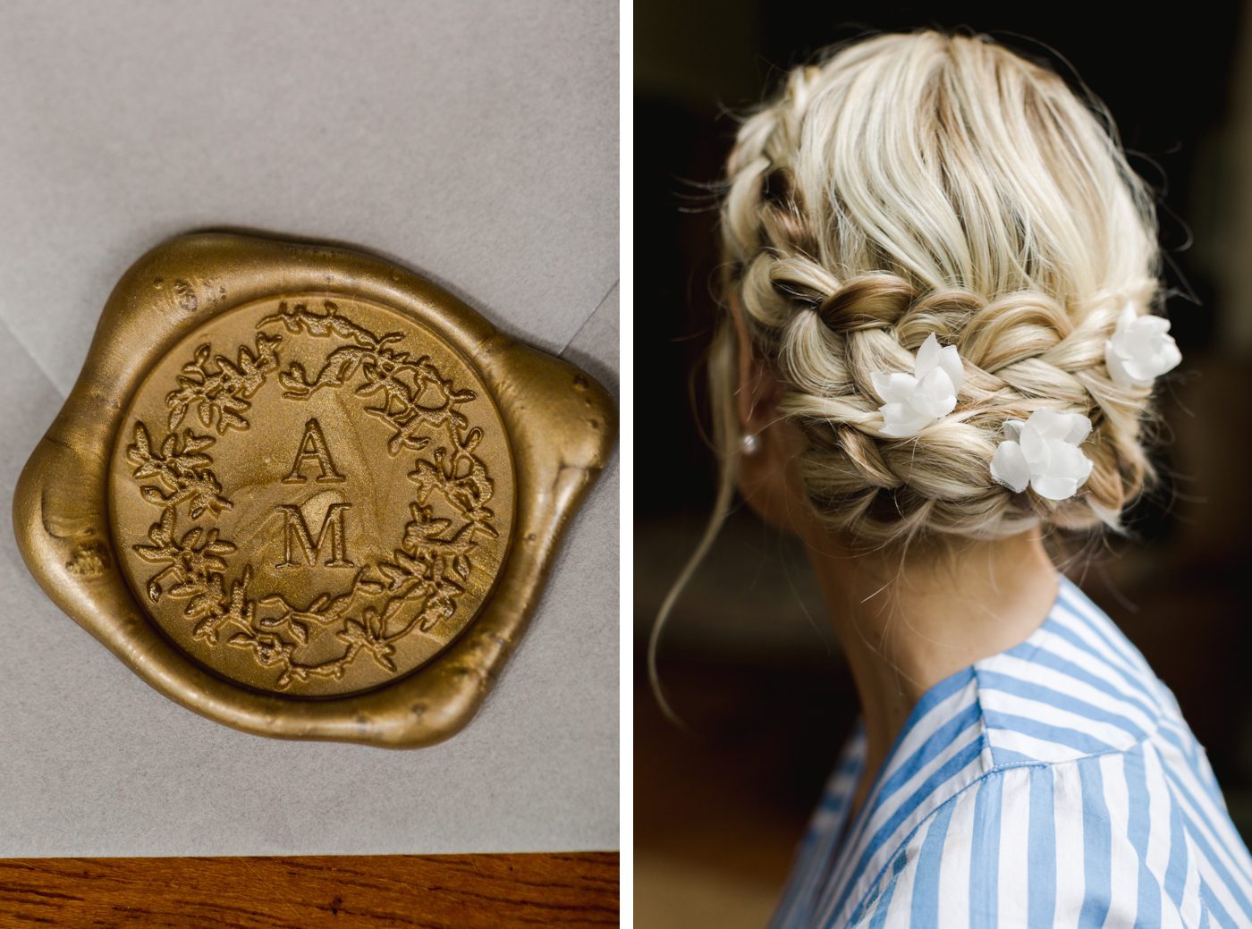 Wedding day details, including floral hair pins