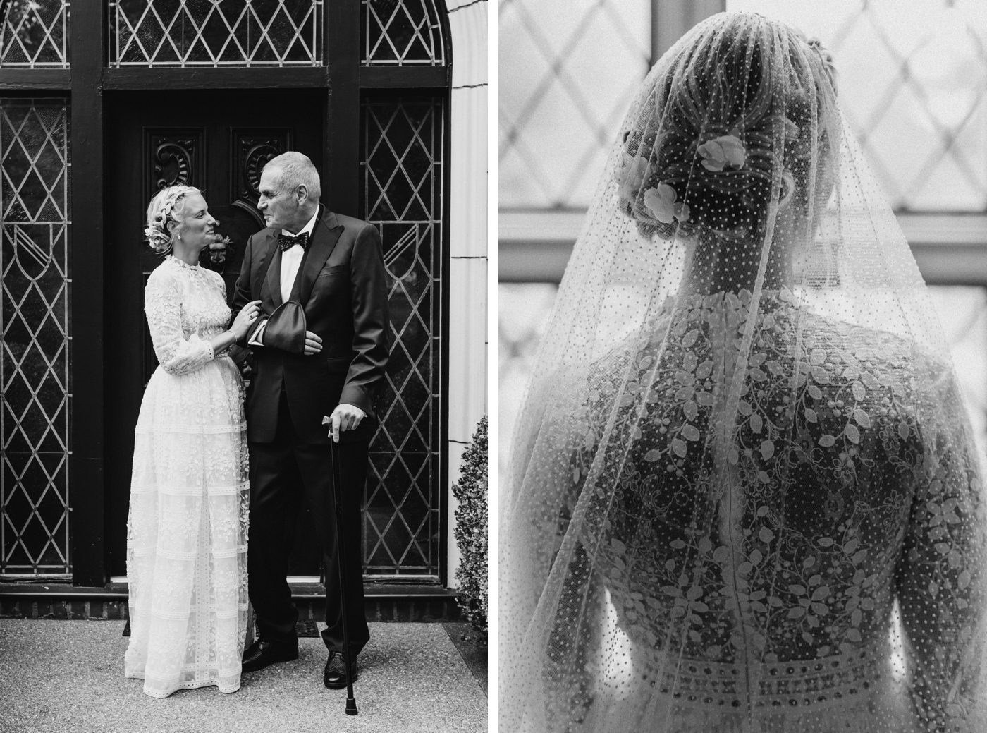 Black and white portrait of a bride and her father