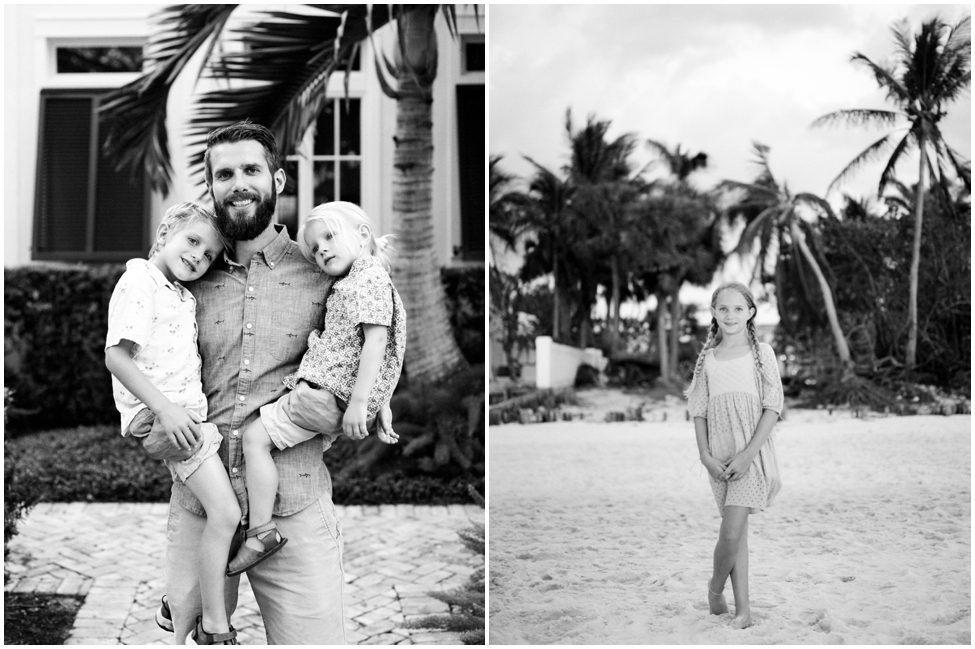 black and white photo of a dad holding his two sons for family vacation photos with a single black and white portrait of a girl with long braids on the beach with palm trees behind her