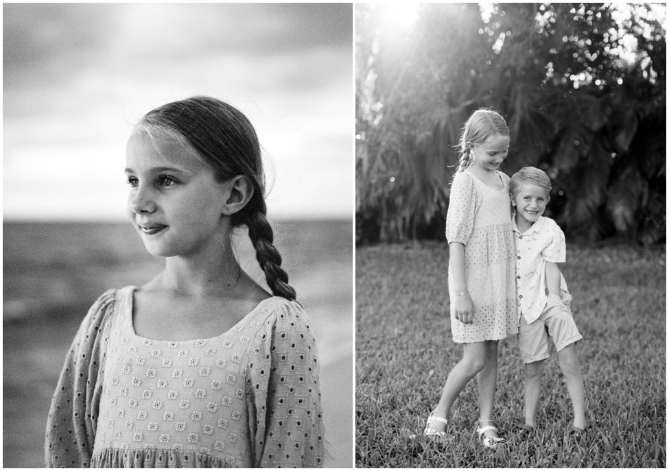 a black and white photo of a girl with long braids on the beach and another photo of siblings hugging each other