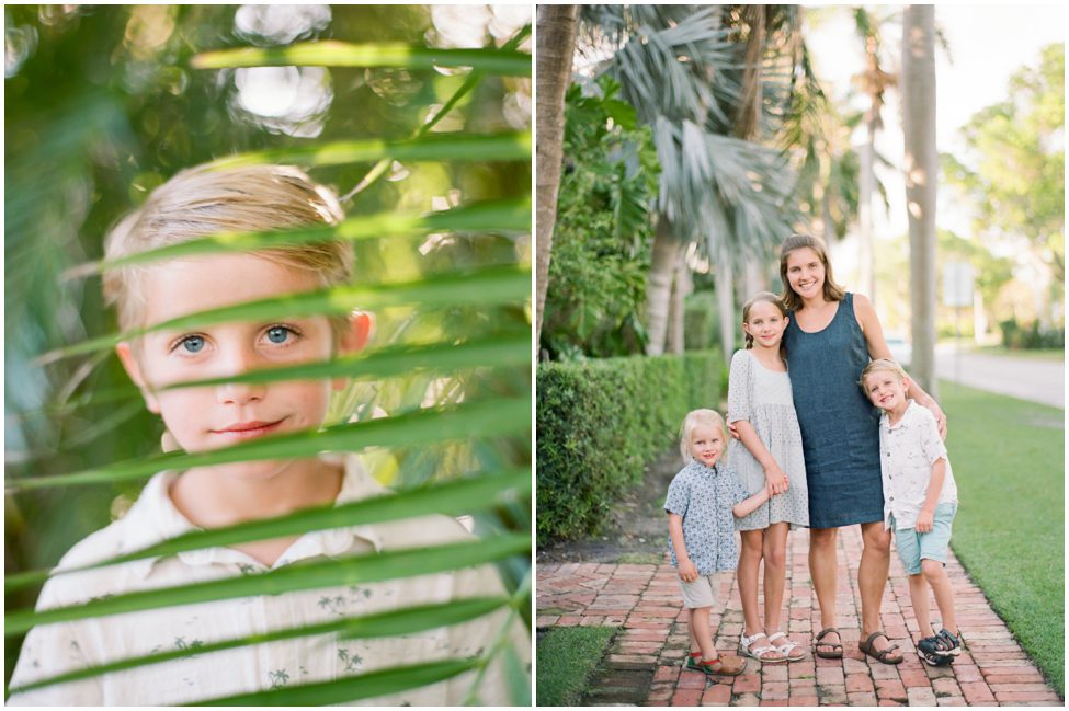 a photo of a blond boy hiding behind a green plant and a photo of a mom and her three kids on vacation together in naples florida