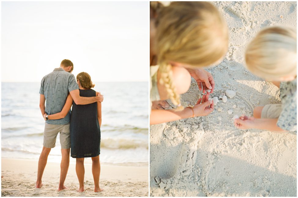 a photo of a hubsnad and wife on a family vacation holding each other looking toward the ocean water, their backs to us. Another photo of two blond children digging for shells in the sand while taking family vacation photos
