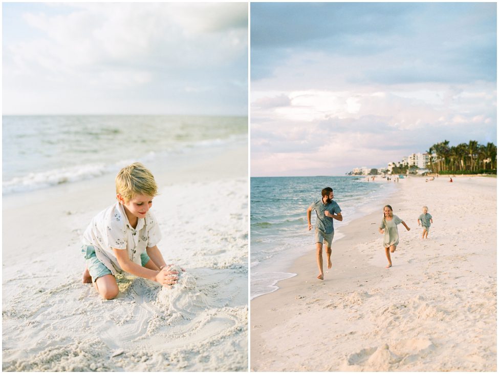 a boy playing in the sand in Naples Florida while on vacation and the other children running with their dad along the coastline