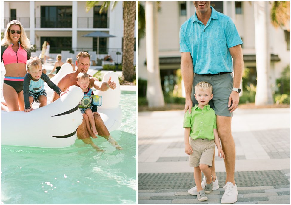 Fun Family Session in Naples Florida swimming on big swan floatie