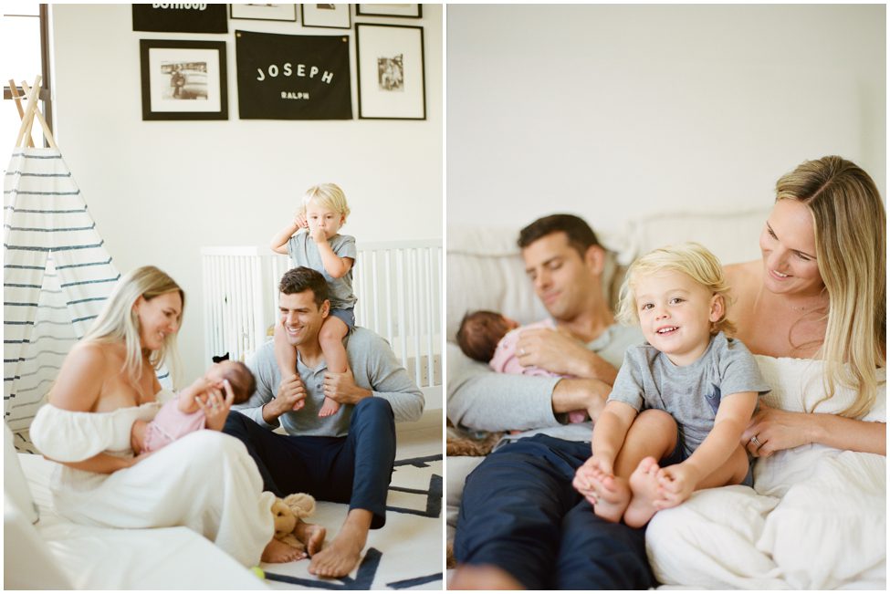 a family of four in their home having their family portraits taken with a newborn baby girl