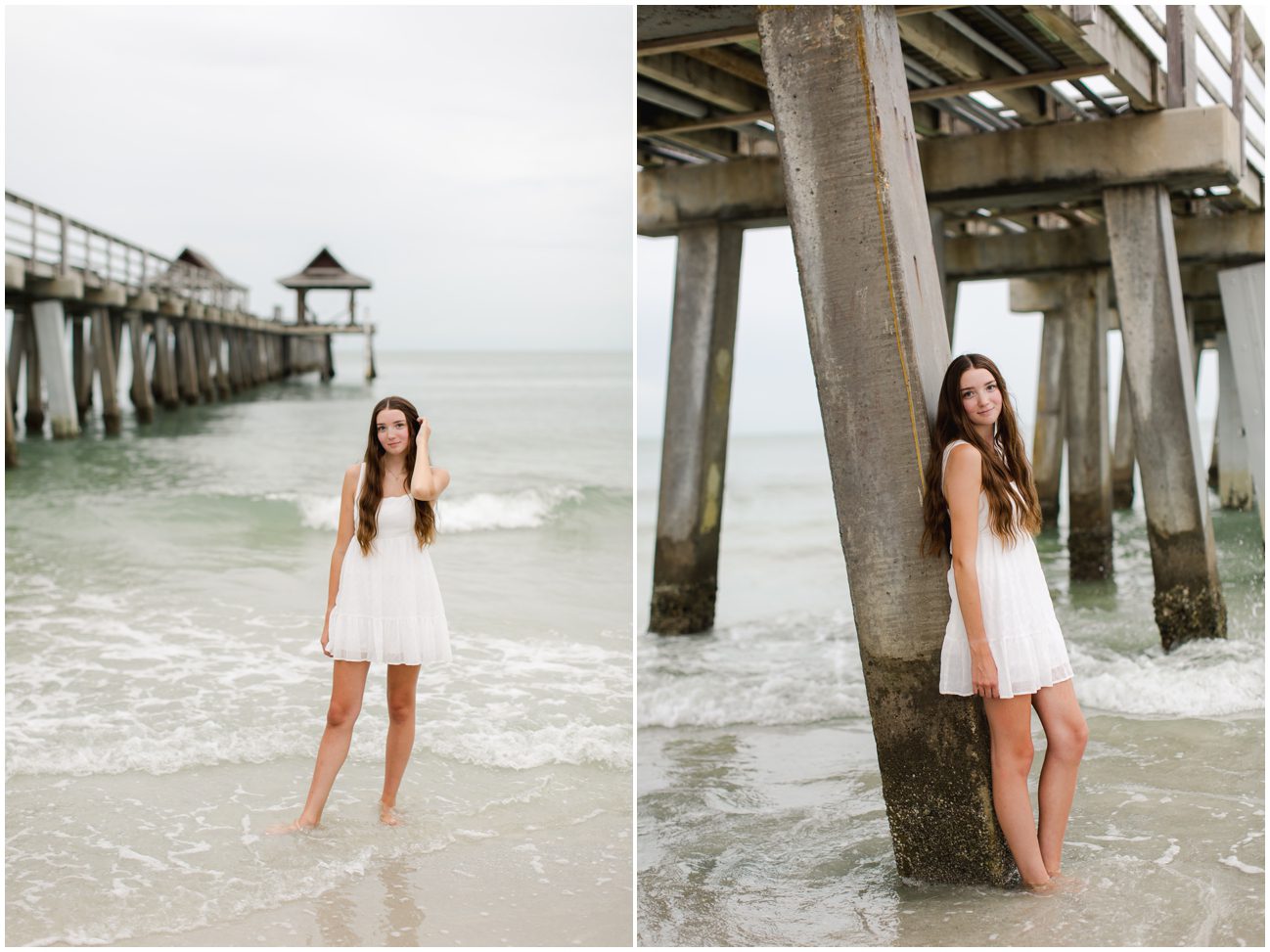 Senior in a white dress having her Portraits taken at the Naples Pier Behind her