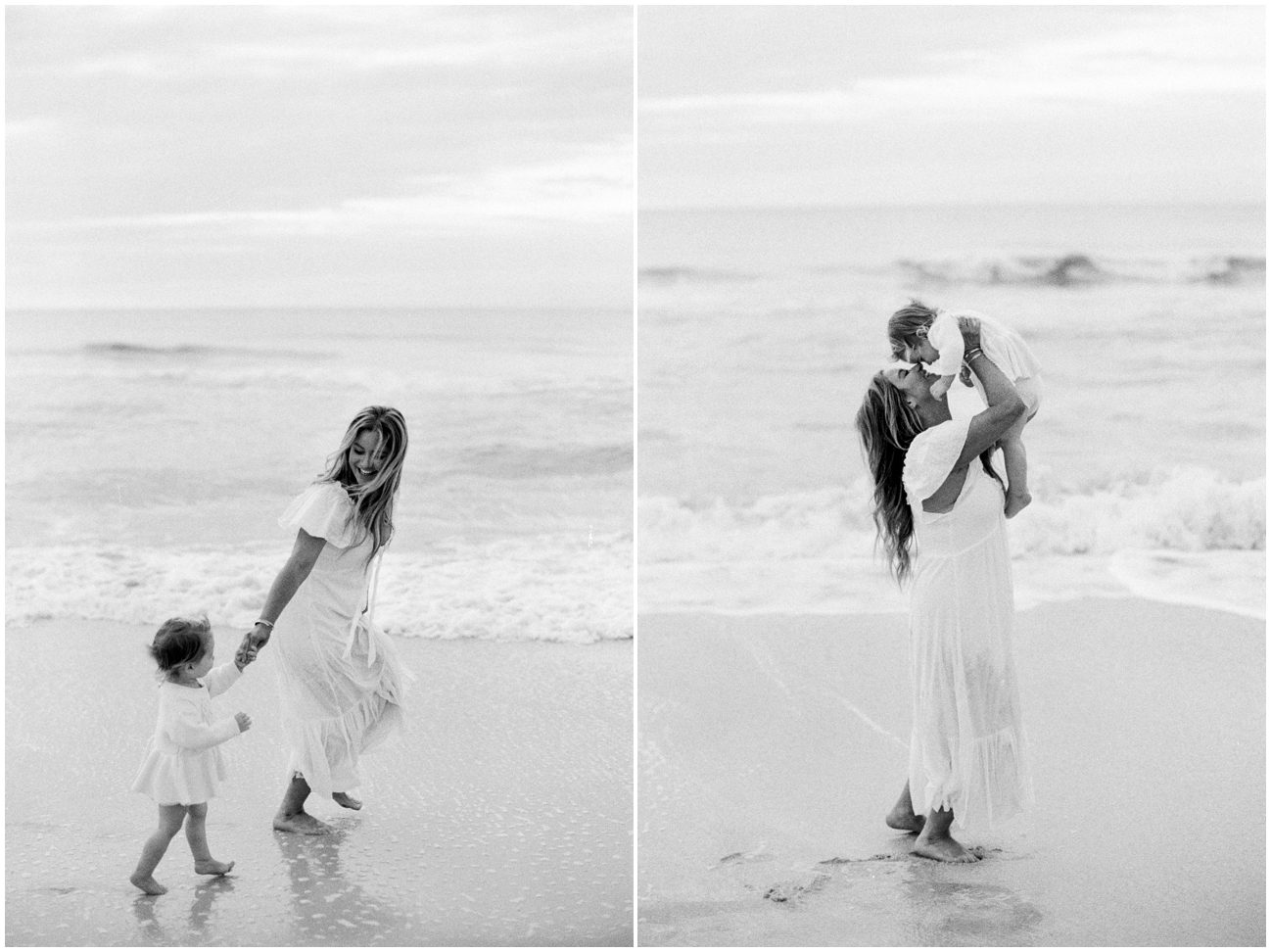mother and daughter running the coastline for their family photos at the beach 