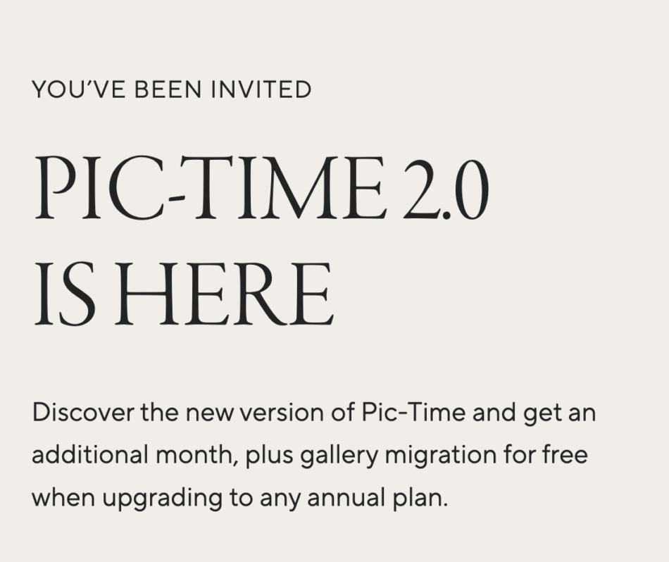 Pic-time 2.0 is here coupon code using referral link