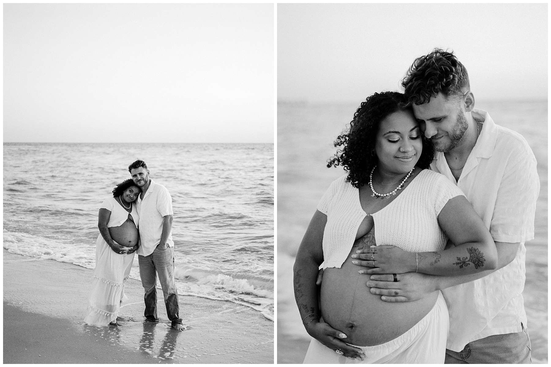 photos of a couple having their maternity photos taken on the beach of naples