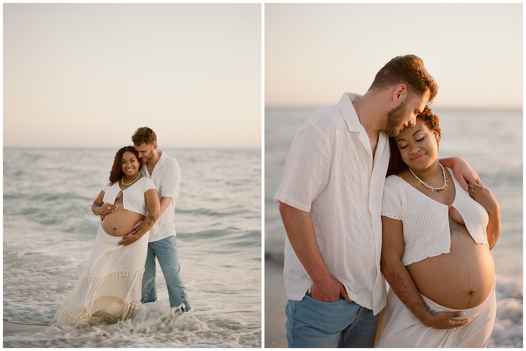 a couple getting maternity photos together at the beach of naples dressed in white